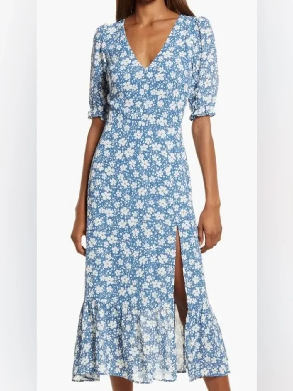 Reformation Blue V-Neck Midi Dress with Side Slit Nantes Mari Floral Ruffle Sz 8 - Picture 1 of 8